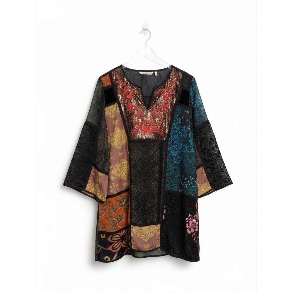 Soft Surroundings Adassa Tunic Dress XL Embroidered Sequin Boho Floral Black